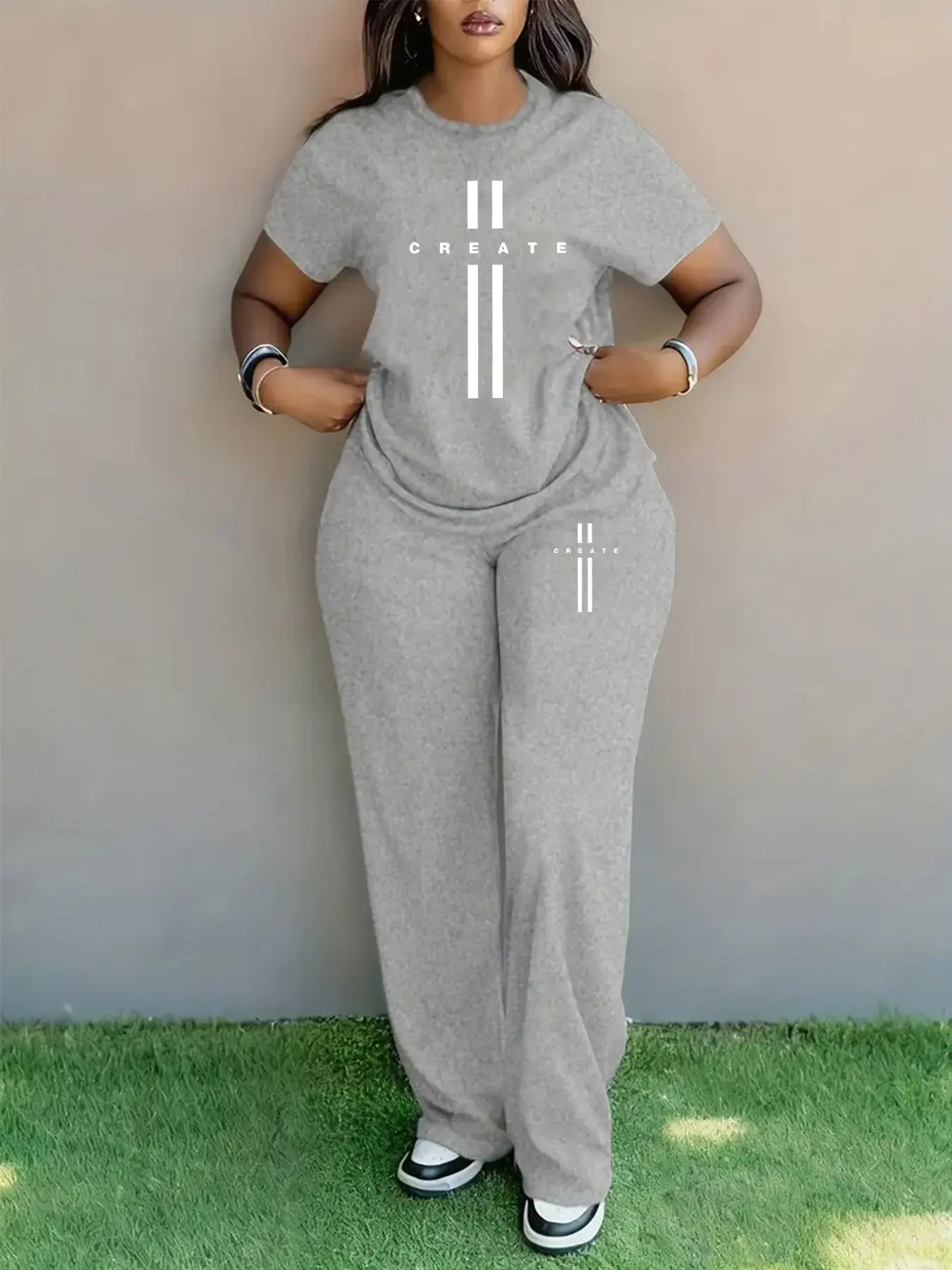 Women's Spring Summer Plus Size Lady Womenswear Fashion Casual Letter Print Round Neck Short Sleeve Fitted Pockets T-Shirt & Wide Leg Pants Two-Piece Set Stretchy Outfit Sets Clothes