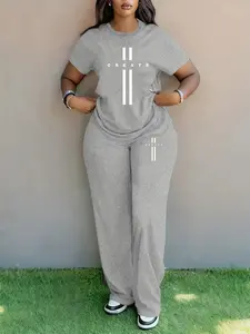 Women's Spring Summer Plus Size Lady Womenswear Fashion Casual Letter Print Round Neck Short Sleeve Fitted Pockets T-Shirt & Wide Leg Pants Two-Piece Set Stretchy Outfit Sets Clothes