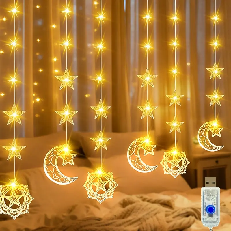 Moon Star LED String Lights, 8 Lighting Modes, USB Powered Decorative Fairy Lights, Perfect for Ramadan, Eid, Wedding, Home Decor, Party, Led Lights Bedroom