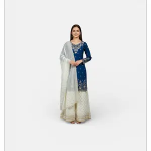 Garara Plus Size Partywear Set in Navy Blue & Cream with Embroidered Details and Matching Dupatta Womenswear