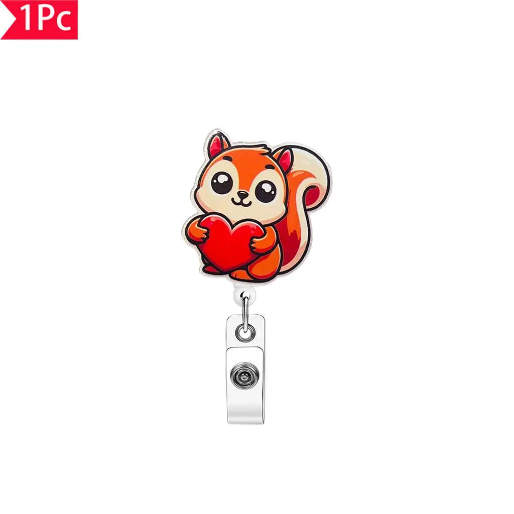1PC Adorable Cartoon Squirrel Holding a Red Heart Retractable ID Lanyard Clip Retractable Badge Reel Cute Animal-Style Pull-Tab Badge Holder Personalized Badge Clip Perfect Gift for Nurses, Doctors, Holidays, and More