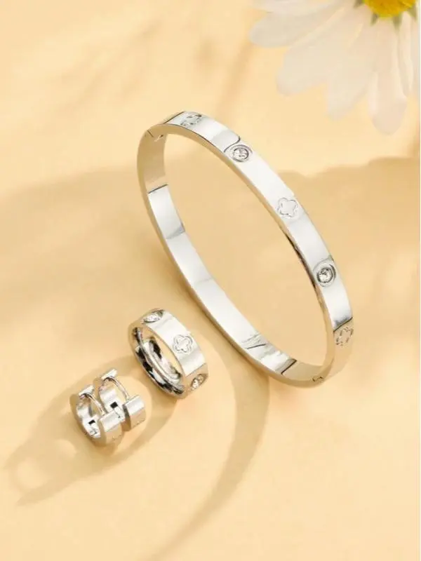 Women's Silver Elegant Matching Jewelry Set - 4pc Bangle Bracelet, Hoop Earrings and Ring Costume Accessory