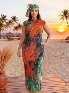 Elegant Chic Ruffled Slim Fit Long Dress Set, All over Print Lightweight Shawl + Silk Scarf, Women's Summer Beach Sun Protection Wrap, Casual Style, Piece