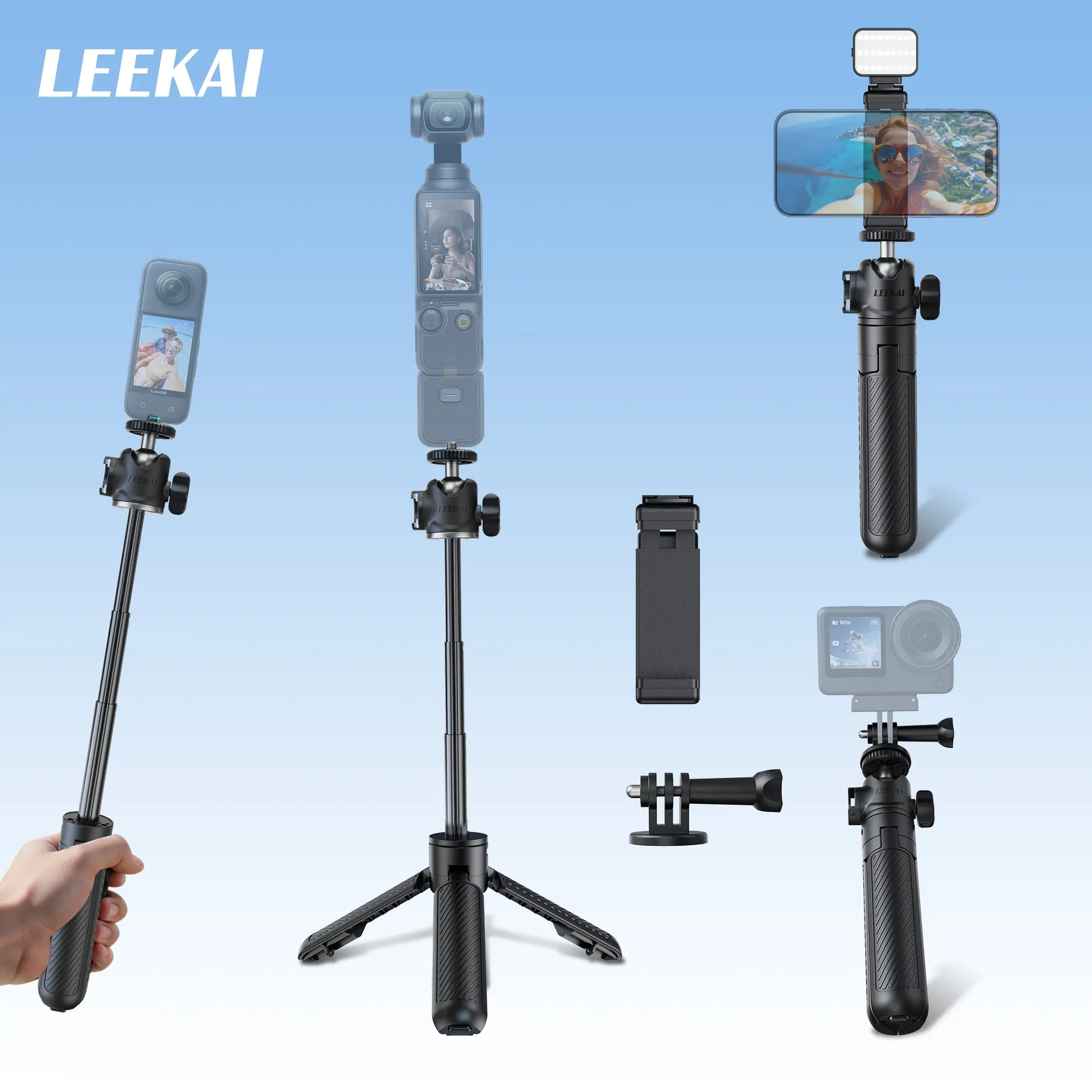 LEEKAI All-in-One 0.01S Auto Open Extendable Tripod PX05 for DJI Osmo Pocket 3/4&Xtra Muse, Selfie Stick Phone Tripod with 360° Metal Ball Head, Rotatable Cold Shoe Mount, 1/4" Universal Screw, Compatible with Action 6/5 Pro/4/3, insta360 luna ultra/X5/X4