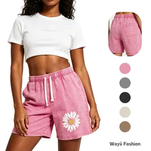 Women's Wayii Vintage Daisy Print Acid Wash Cotton Sweat Shorts - Unisex Casual Summer Beach Street Style Outdoor Bottoms with Drawstring, Convenient Pockets, Baggy Fit