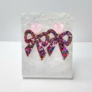 #294 Chunky Glitter Bow with Light Pink Heart Stud Earrings- Stainless Steel Posts- Casual Everyday Jewelry