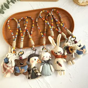 DailyCabin Vintage Cute Fabric Plush with Colorful Woven Stretch Lanyard Multi-Style Duck Rabbit Bear Cat Adorable Handbag Purse Charms for Women Bag Backpack Car Key Accessories Decor Hanging Crochet Keychain  toy
