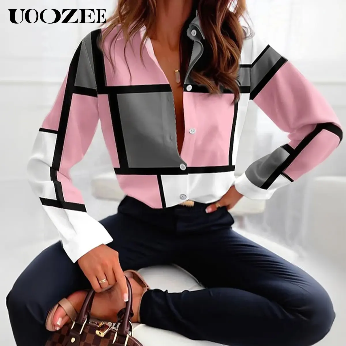 UOOZEE Women's Geometric Color Block Oversize Blouse - Long Sleeve Button-Front Top in Smooth Lightweight Polyester with Relaxed Fit, Pair with Jeans, Trousers, Linen Pieces, Statement Earrings for Evening Style