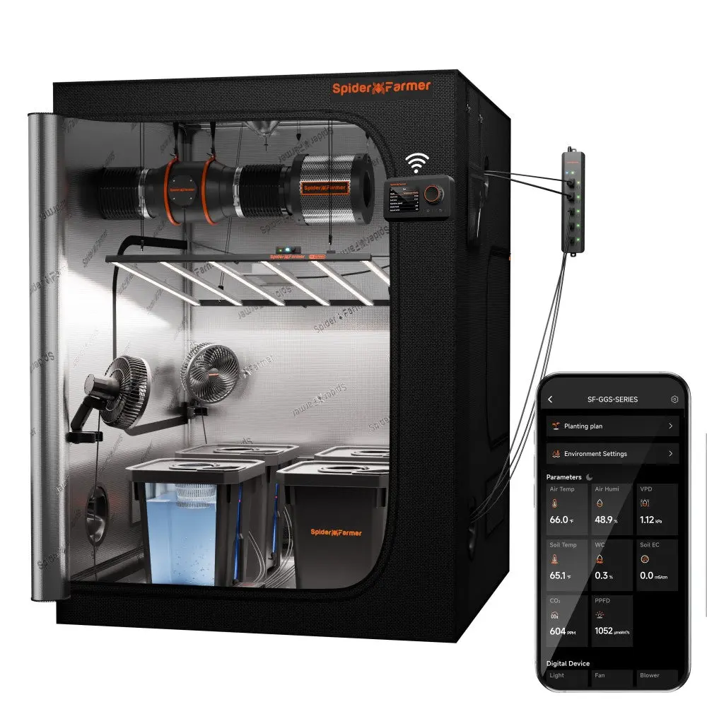 Spider Farmer Smart Hydroponic DWC 5x5 Grow Tent Kit | 4-Bucket System with G7000 730W LED, 6” Inline Fan, 2 Clip Fans, GGS Power Strip, WiFi-Integrated Controls