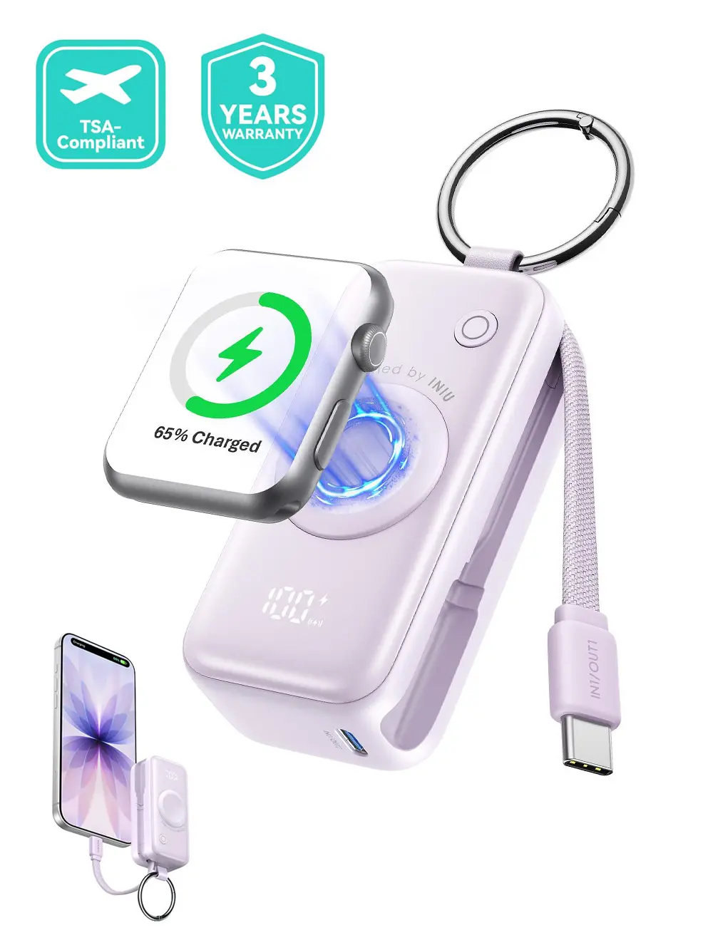 INIU P81 SnapGo Mini 5000mAh Power Bank with Keychain for Apple Watch Ultra SE 2/3 Series iPhone Air 8 ~ 17 Airpods Series 20W Built-in USB C Cable Fast Charge Portable Charger Travel EDC Battery Pack Phone Charger Valentine's Day Girls Mom Couple Gift,su
