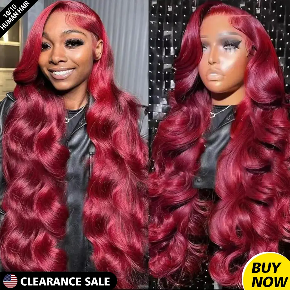 99J Red Lace Front Wig Pre-Plucked 30 Inch 180 Density Burgundy 13x6 Lace Frontal Wigs Red Colored Body Wave 13x4 HD Transparent Human Hair Wigs For Women