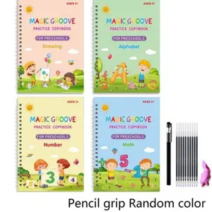 Magic Groove Handwriting Practice Books Set of 4, School Supplies, Learning Tool, Reusable Preschool Learning Sheets for Kids Ages 3-6, Includes Letters Numbers Coloring Math Skills