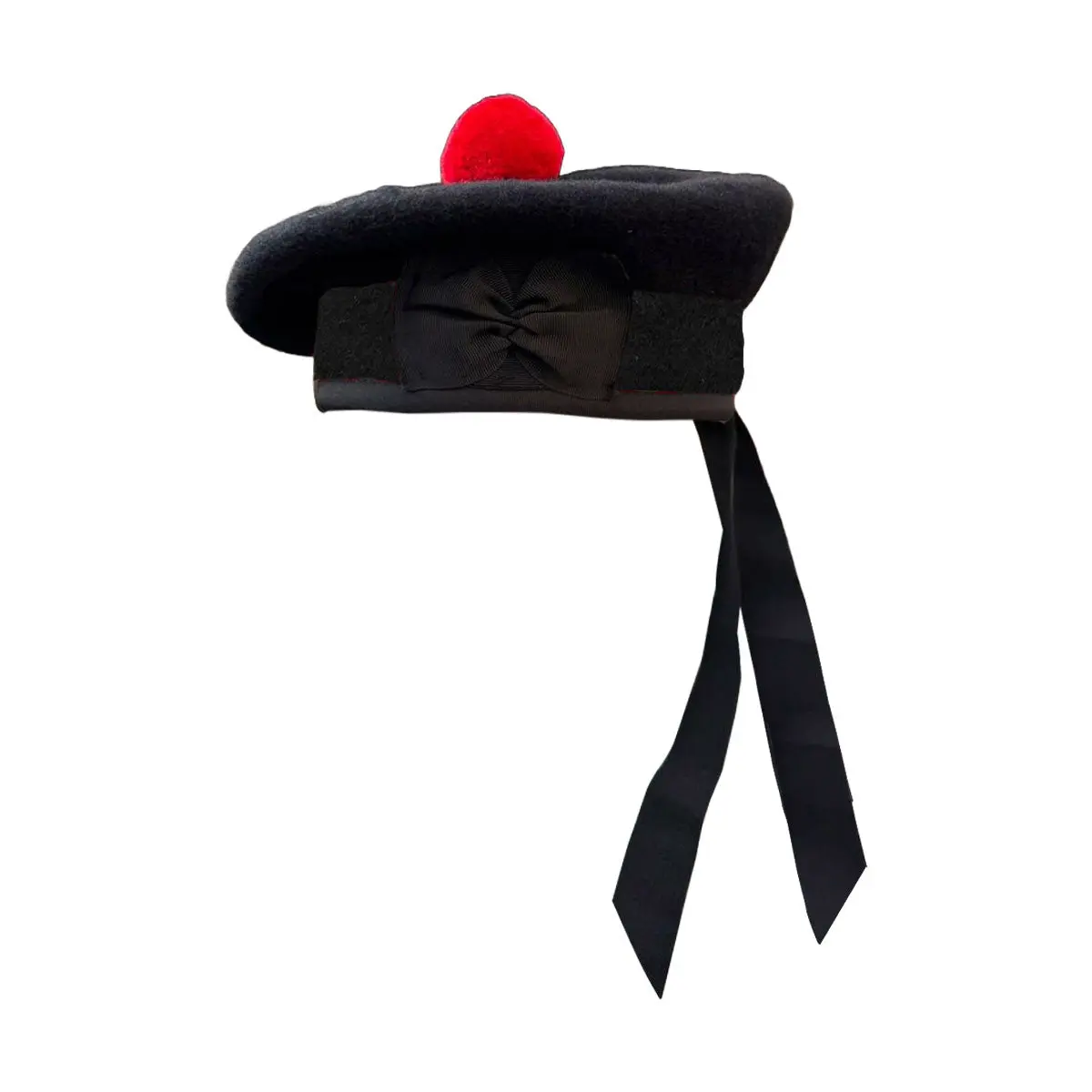 New Scottish Black Wool Plain Balmoral Hat, Colored Pom-Poms Hat with Red Pompom on Top, Colored Pom-Poms Hats