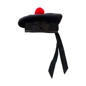 New Scottish Black Wool Plain Balmoral Hat, Colored Pom-Poms Hat with Red Pompom on Top, Colored Pom-Poms Hats