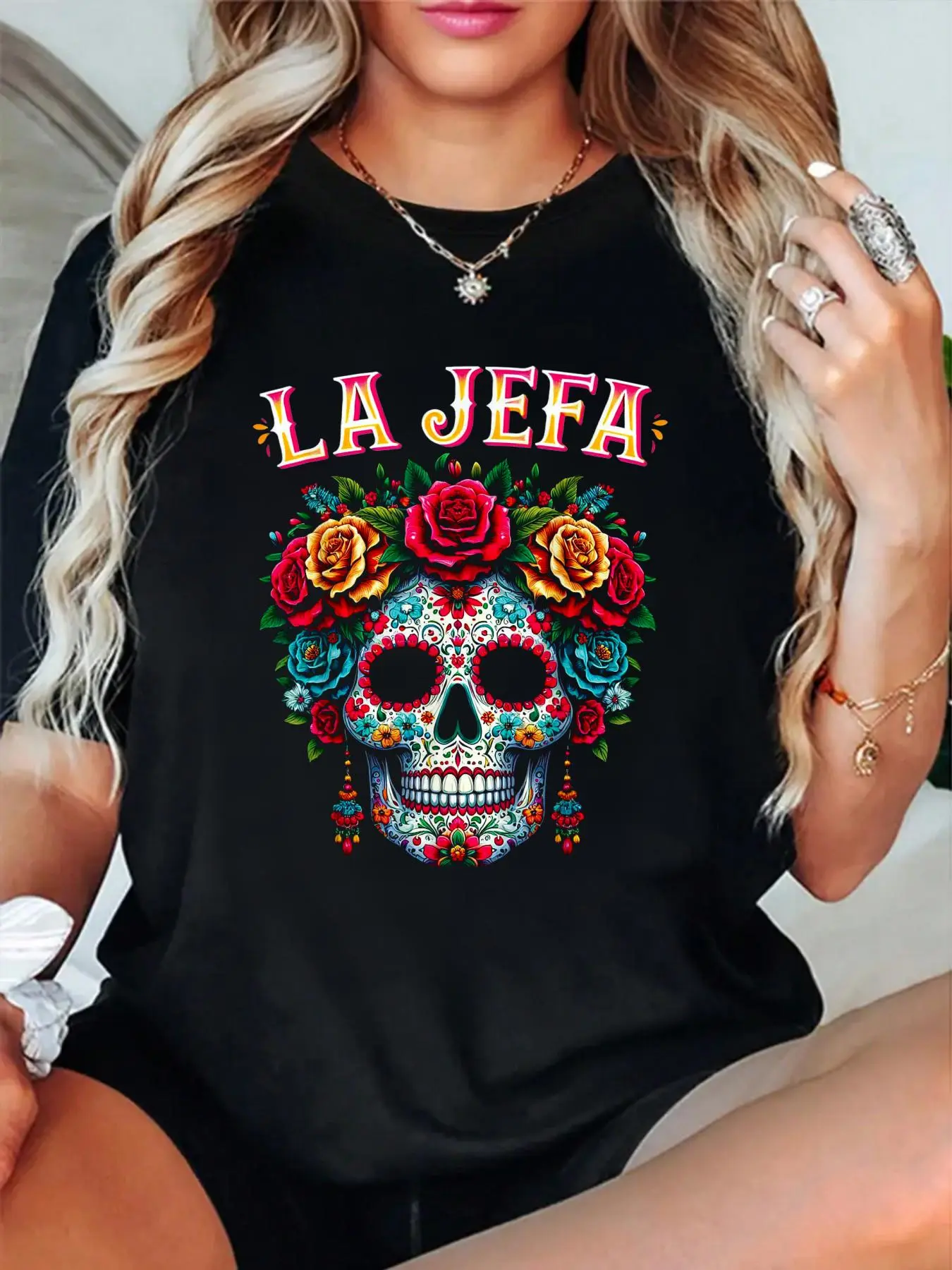 100% Cotton T shirts Mujer Calavera Mexicana For Dia De Los Muertos La Jefa T-Shirt Breathable & Comfort Fit Tee Women,Short Sleeve Crew Neck Top for All Seasons,Graphic Tees Women Tops