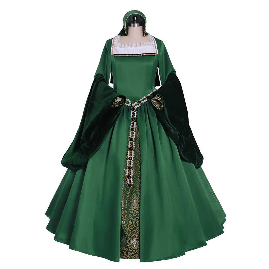 Women's Elegant Fitted Floor-Length Green Tudor Elizabeth Royal Court Dress, All-Seasons Historical Period Costume Clothing Set