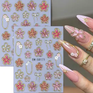 2pcs Floral Nail Art Stickers with Decor, Nail Art Sheet, Nail Adhesive Stickers, 3D Gold Leaf Design, Elegant Hand Beauty, Spring Summer Style, Luxury Copper Edge, Flower Nails