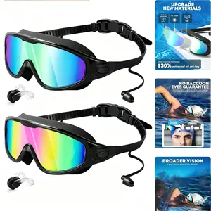 New Adult Large Frame Swimming Goggles, Electroplated HD Lenses with Excellent Anti-fog Performance, Waterproof Soft Silicone Body, Integrated Earplugs Included, Multi-purpose Swim Gear for Pool Training & Recreational Use