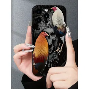 Roosters And Skull Printed 2D Pattern Popular Creative High End Beautiful, Black Matte Feel Full Protection Dustproof , Suitable For IPhone17/IPhone17 Air/IPhone17 Pro/IPhone17 Pro Max/16 Pro Max/15 Pro Max/14 Pro Max/13 Pro Max/12 Pro Max
