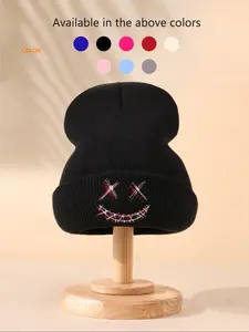 Smiling Face Embroidery Beanie, Unisex Winter Hat, Fitted Casual Style, Fall & Winter Outdoor Knit Caps for Men & Women