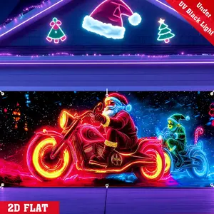 Christmas Garage Door Cover Banner, UV-activated, Glow-in-the-dark, Playful Santa Claus and Christmas Elves Riding Motorcycles, Oversized Polyester Decoration for Outdoor/indoor, New Year Decorations, Holiday Wall Hangings, Outdoor Banners