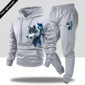 Men's trendy hooded sweatshirt and casual pants set, featuring wolf head and feather print patterns. This stylish and individual two-piece men's outfit is lightweight and suitable for spring and autumn, perfect for outdoor activities and camping.
