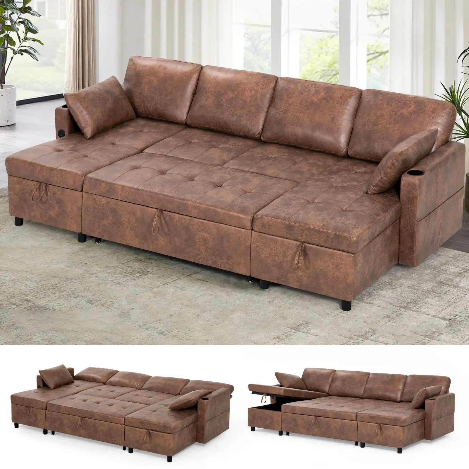 ACMEASE 110" Suede Leather Sectional Sofa w/Adjustable Backrests, Pull Out Sofa Bed w/USB Charger Port& Reversible Storage Chaise,Convertible U-Shaped Sofa with Cup Holders for Living Room