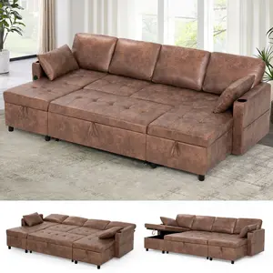ACMEASE 110" Suede Leather Sectional Sofa w/Adjustable Backrests, Pull Out Sofa Bed w/USB Charger Port& Reversible Storage Chaise,Convertible U-Shaped Sofa with Cup Holders for Living Room