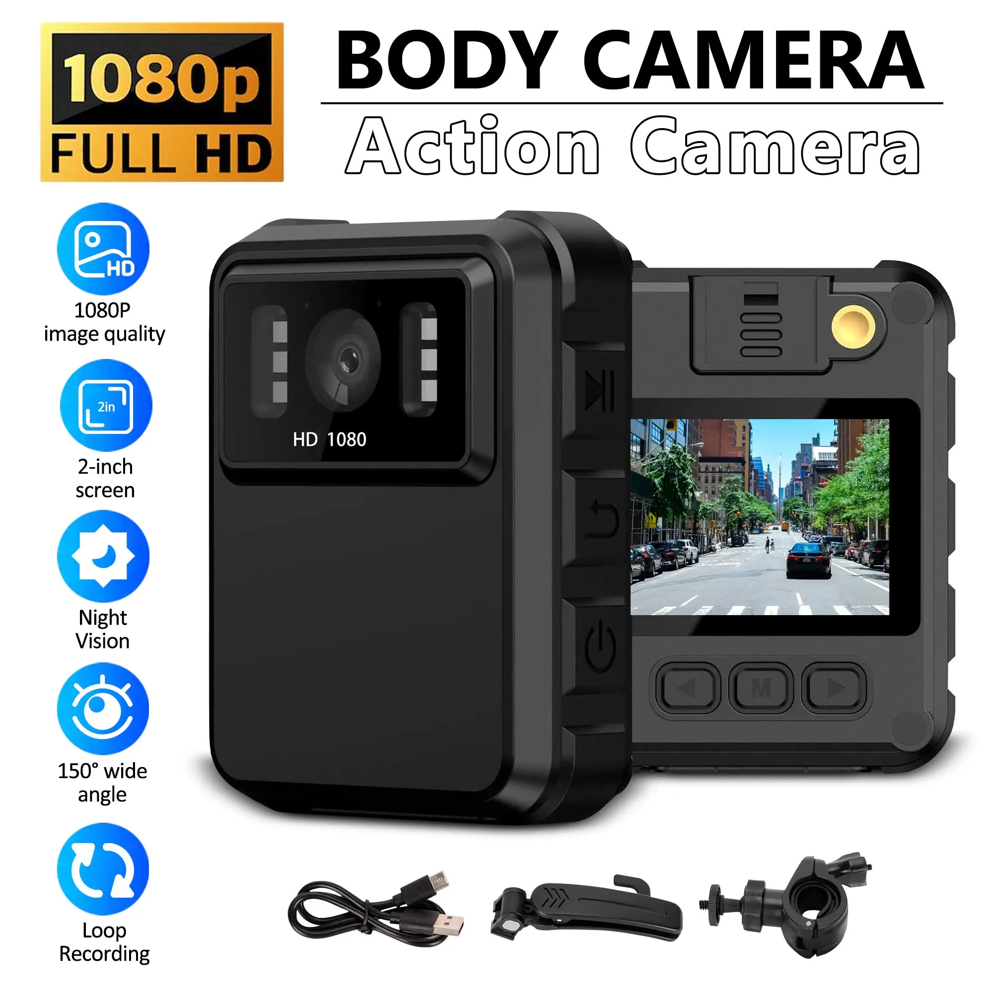 Professional 1080P Body Video Camera with Night Vision Camcorder & Waterproof - 8H Battery Body Worn Camera for Security Enforcement, Includes Bike Mount Clip (2'' Screen)