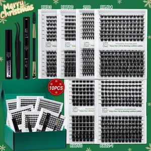 LASHSUN CHRISTMAS GIFT 10PCS Kit , D Curl 8-16mm DIY Lash Clusters Kit Multi-Type Lash Volume Eyelash Clusters with Bond&Seal Lash Remover Lash Brush Tweezers DIY Eyelashes Kit Eyelash Extensions Set