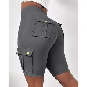 Women Tummy Control Butt Lifting Active Shorts High Waist Flap Pocket Workout Bermuda Cargo Running Shorts