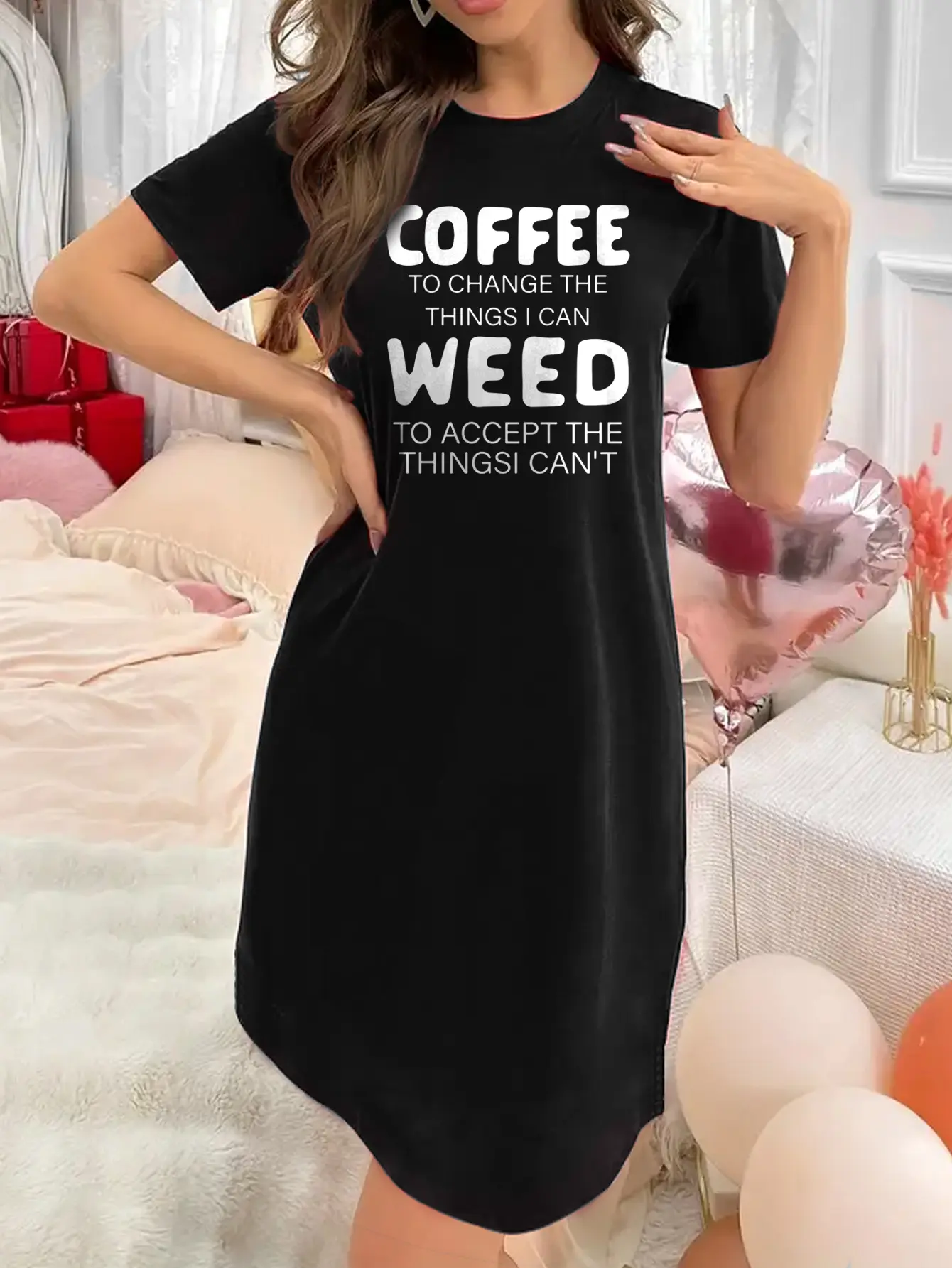 Soft Micro Elastic Summer White Heart Print -Sleeved Crew Neck Night Dress - Machine Washable, Casual, Comfortable Homewear For Women sleep dress Loungewear sleep dress Nightwear Womenswear Crewneck Shortsleeve nightwear  Coffee vestido  de  woman Cute
