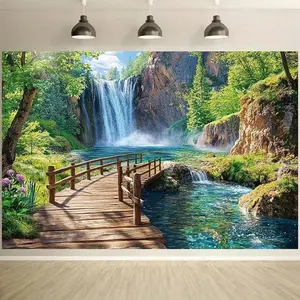 1pc Polyester 2D Flat Backdrop Banner - Serene Waterfall, Quiet Bridge Natural Scenery, Vibrant, Ideal for Wall Decor, Living Room Decor, Birthday Parties