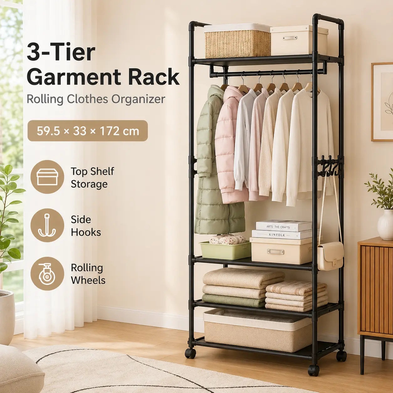 1pc 3-Tier Rolling Garment Rack with Top Shelf, Hanging Rail, Side Hooks & Storage Shelves, Space-Saving Clothes Organizer for Bedroom, Dorm & Entryway