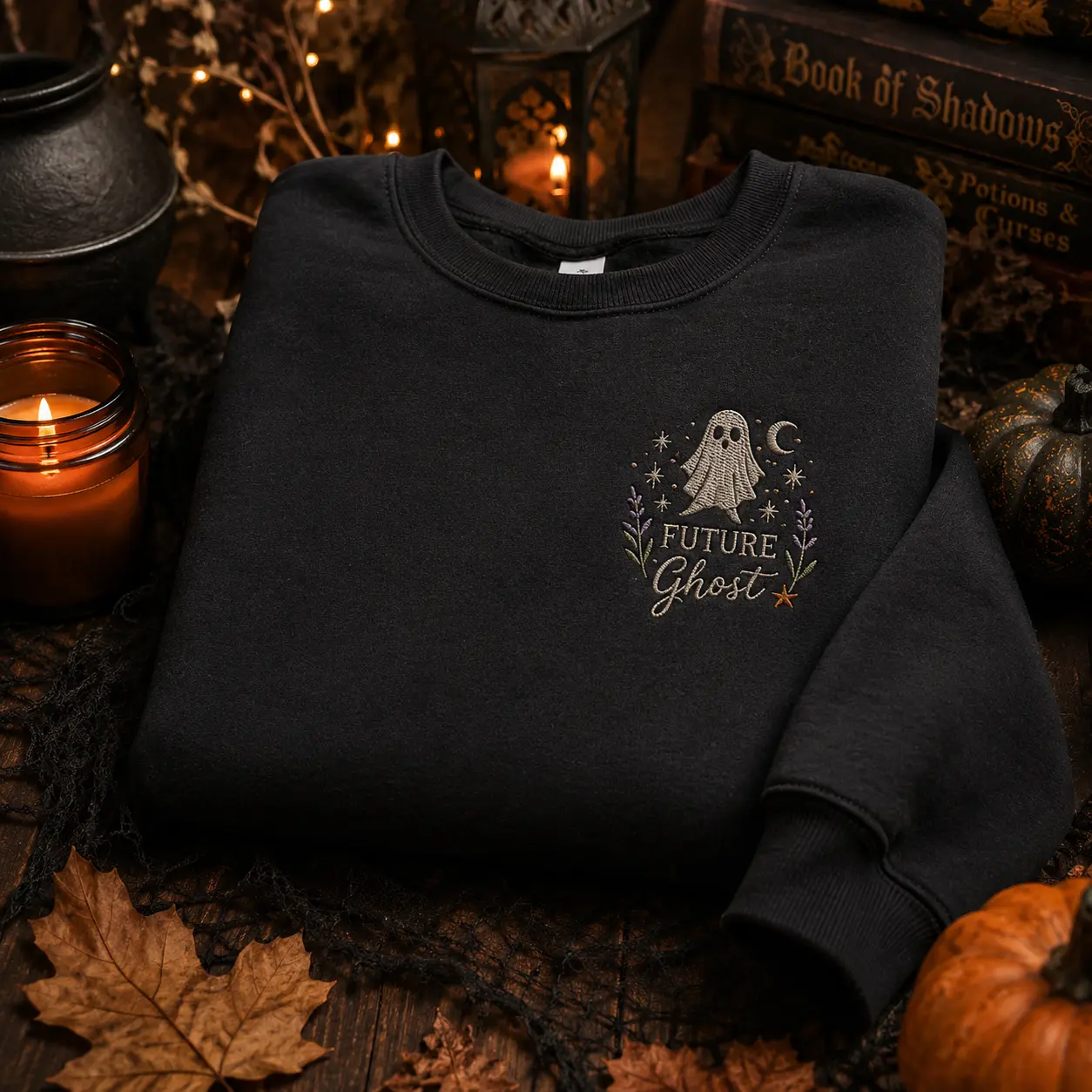 [Made in US] Embroidered Ghost Sweatshirt Spooky Fashion For Women Halloween Gift Ideas Comfortable Black Crew Neck