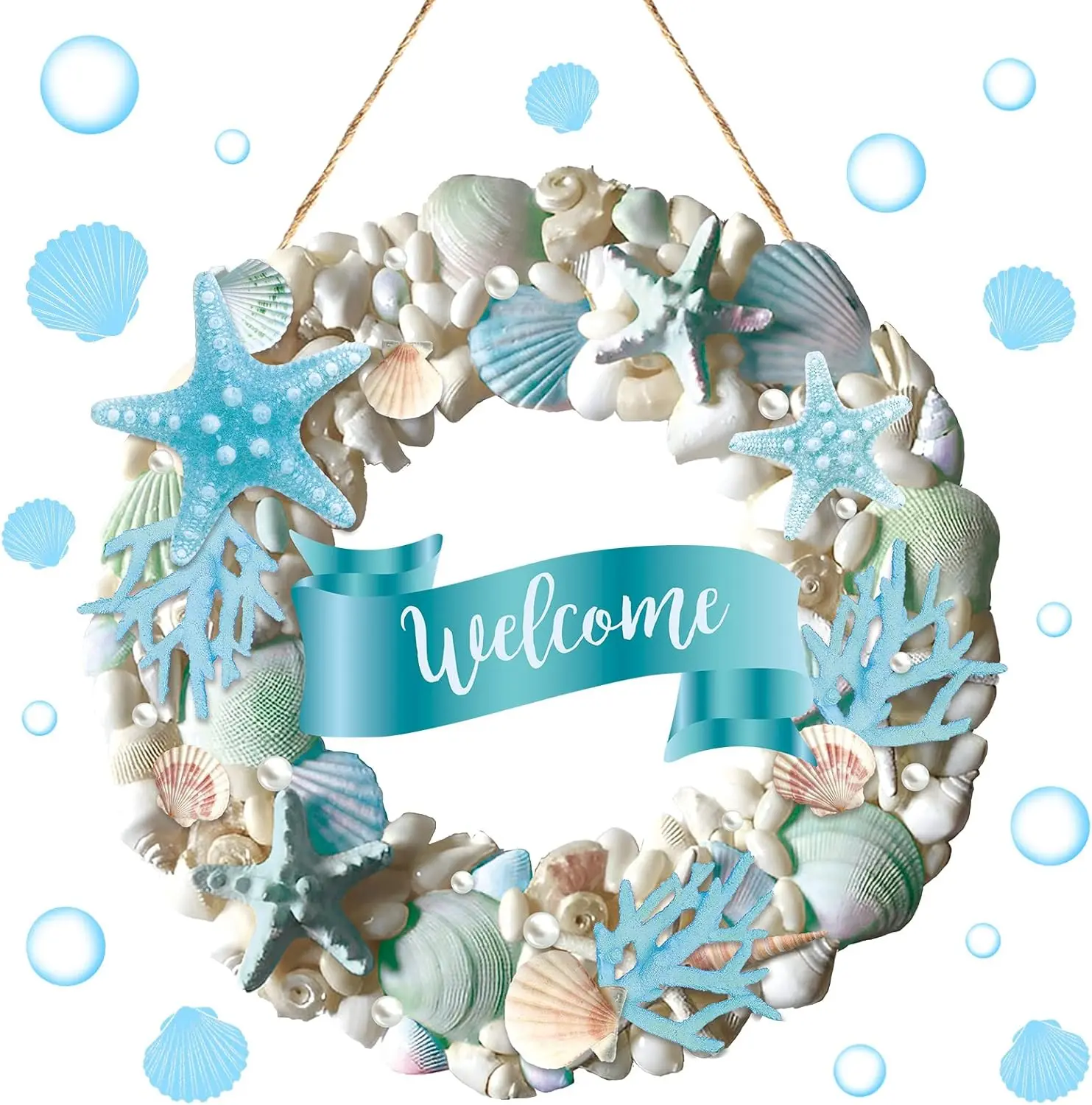 Welcome Wooden Coastal Beach Wreath Coastal Wreath for Front Door Welcome Starfish and Seashells Wooden Door Sign Blue Shell and Starfish Beach Door Decorations for Porch Outdoor Front Door