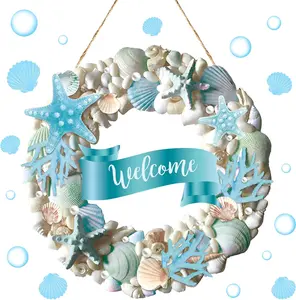 Welcome Wooden Coastal Beach Wreath Coastal Wreath for Front Door Welcome Starfish and Seashells Wooden Door Sign Blue Shell and Starfish Beach Door Decorations for Porch Outdoor Front Door