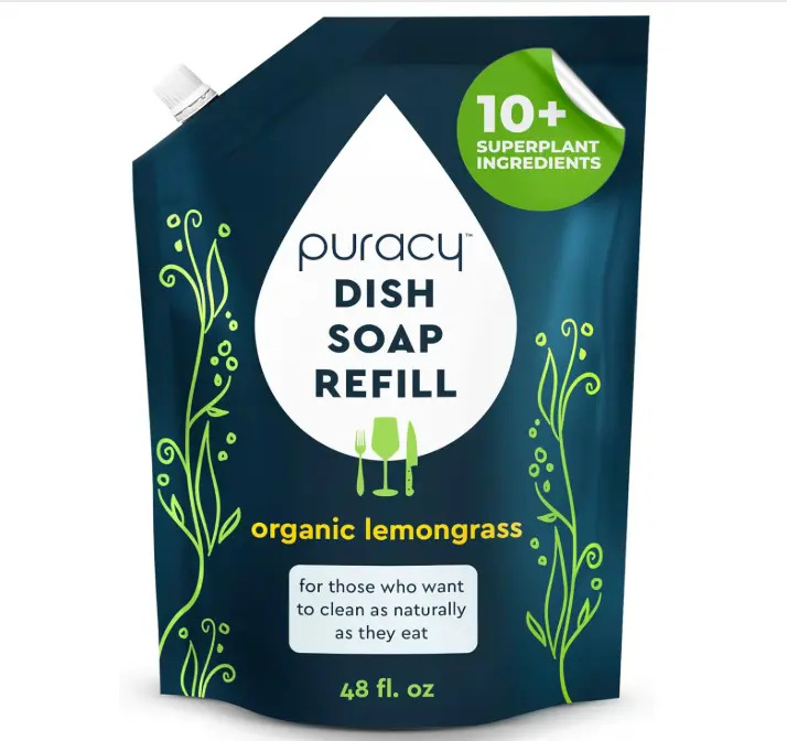 Puracy Natural Dish Soap Refill - Skin-Softening Plant-Based Liquid Dishwashing Detergent Soap, Clean-Rinsing Water-Sheeting Formula (Organic Lemongrass, 48 fl oz)