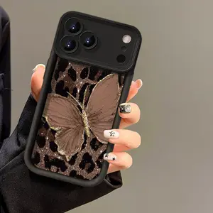 Phone case compatible with iPhone 13/14/15/16/17 Pro Max, 17 Air, 14/15/16 Plus models, featuring leopard print and butterfly pattern design, creative, high-end, lightweight luxury, shockproof, full-coverage, women's style soft-edge phone case.