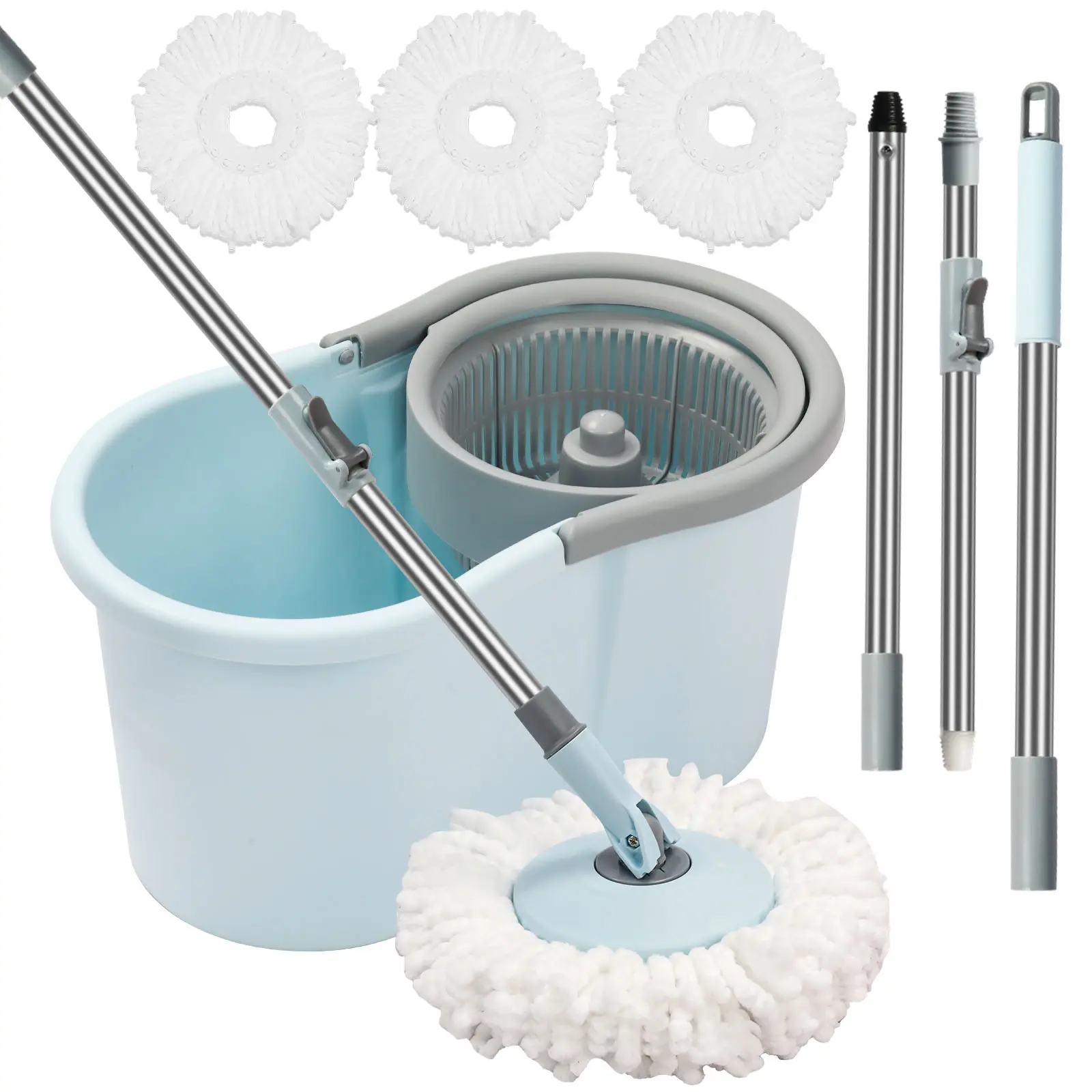 360-Spin Mop and Bucket Set, Home Cleaning Bundle with Wringer, 50" Extended Handle, 3 Microfiber Mop Heads, Floor Cleaning Bucket for Home Use