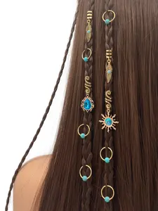 Bohemian Style Vibrant Turquoise Hair Jewelry Set, 10pcs Alloy Accessory for Braids & Dreadlocks, Adjustable Hair Rings & Cuffs for Men & Women