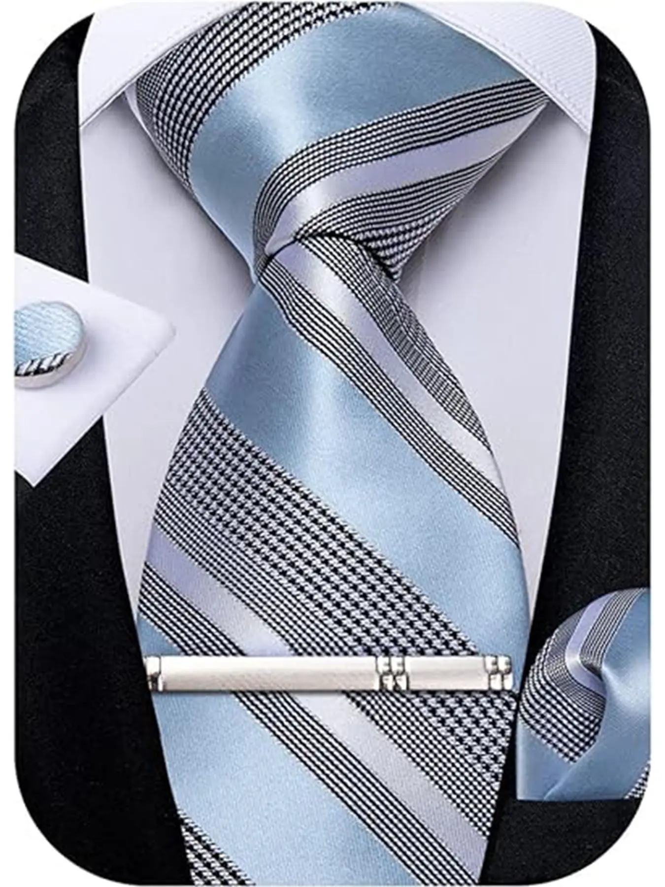 Light Blue Striped Men's Tie Set, Classic Braided Necktie, Handkerchief, Cufflinks, Tie Clip, Formal Business Tie, Elegant Style