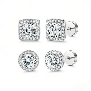 Sparkly Moissanite Inspired CZ Earring Set, 4 Pieces, Features VVS - cut Gold & Silver Two-Tone, DDMS0009 Round & Square Shapes, Suitable For Festivals And Birthday Gifts