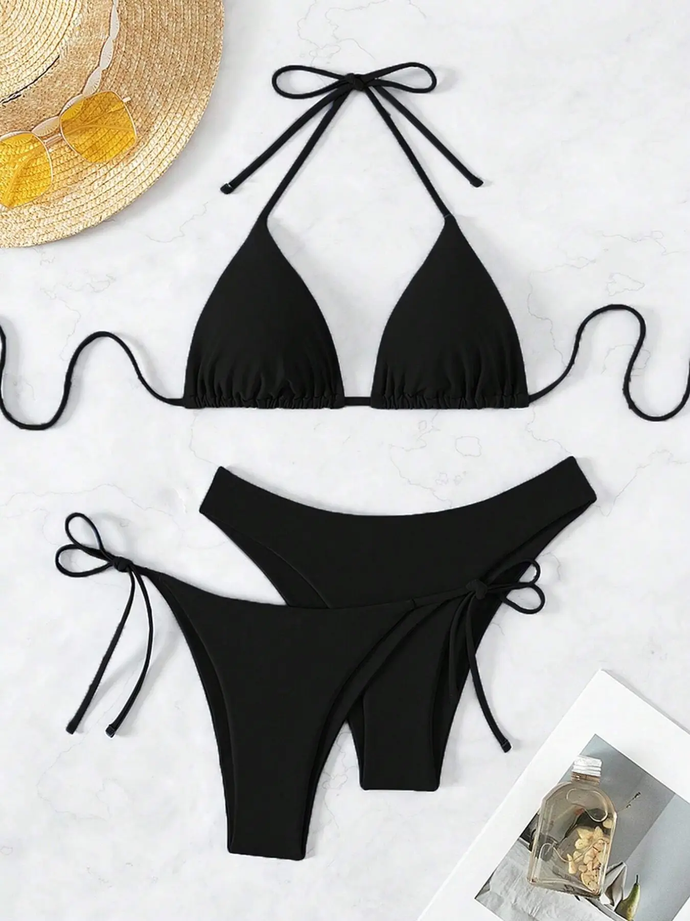 Classic Black Halter Triangle Bikini | Minimalist & Timeless Aesthetic | Tie-Side & High-Cut Fit | Versatile Beach/Pool Wear | Fitted Triangle Swimwear | Perfect for All Occasions