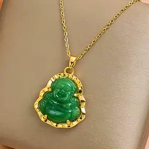 18k gold-plated necklace with a glossy green jade Buddha pendant, suitable for everyday wear, as a gift, or for religious ceremonies.