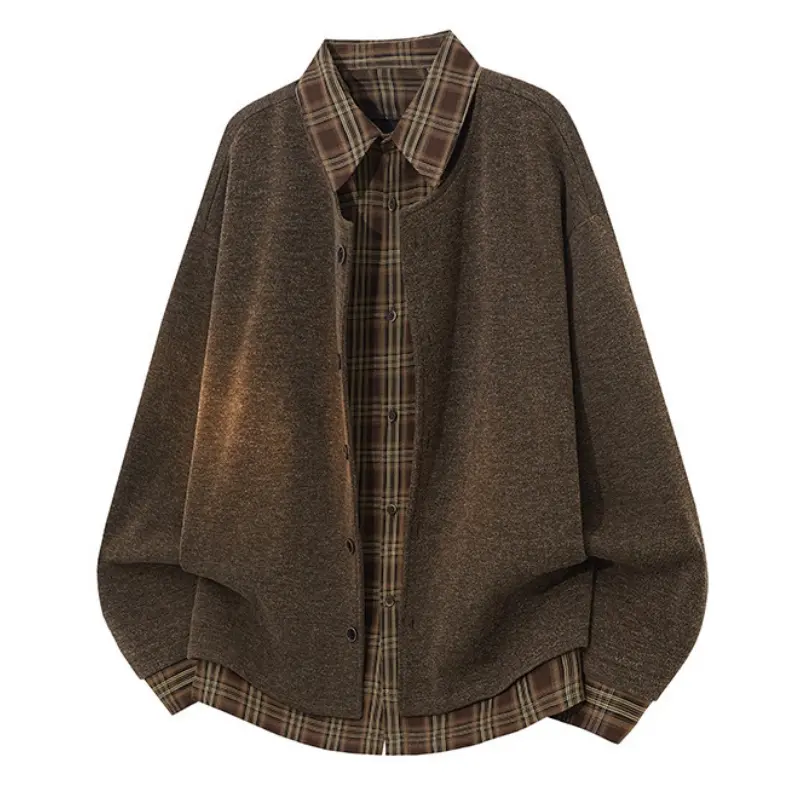 Spring new fake two-piece cardigan plaid spliced jacket, men's loose jacket, casual versatile long-sleeved lapel lazy fashion coat, the same couple's casual top for men and women, soft and comfortable fabric, suitable for daily wear