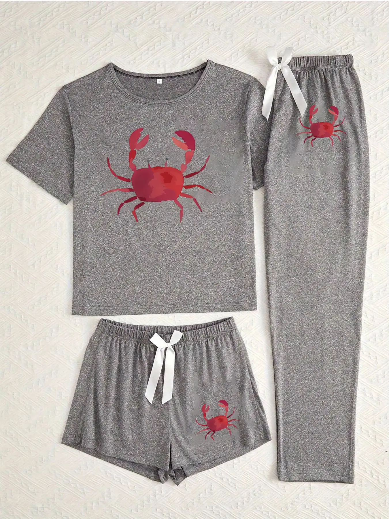 Women's Cartoon Crab Print Sleepwear Set, Loose-Fitting Casual Pajamas, Loungewear Pjs, Three-Piece Nightwear for All Seasons, Fall Pajama Sets, Comfortable Home Wear, Loungewear, Womenswear, Homewear, Style