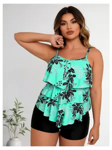 Plus Size Tankini Swimsuit for Women - Tropical Floral Print, Flowy Ruffle Top with Tummy Control Bottom - Modest Swimwear for Beach, Pool, Vacation - UPF 50+