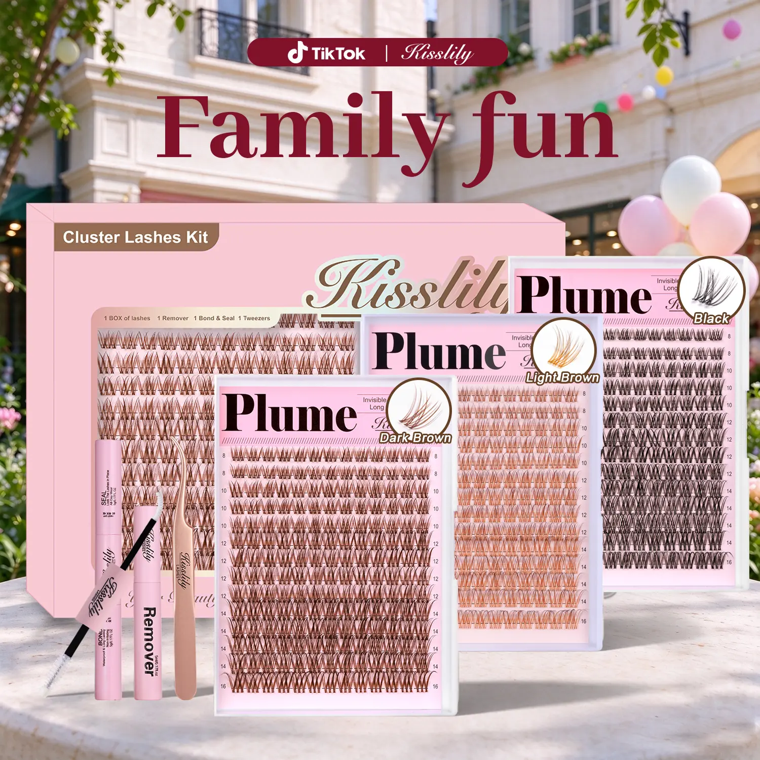 Plume | Kisslily Brown & Black Lash Clusters Invisible Band Natural Lash Extension Kit with Bond & Seal Mascara Look DIY Lashes 8-16mm C Curl D Curl Long Lasting Beginner Friendly #tiktokshopstockup familyfun