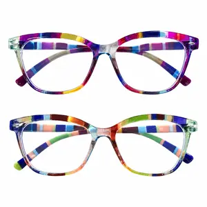 2 Pack Colorful Reading Glasses for Women, Stylish Square Readers with Spring Hinges, Gradient Pattern Frame Lightweight Presbyopia Eyeglasses for Daily Use